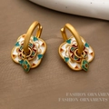Matte gold four-leaf clover enamel earrings in white, green, red, and orange colors - T2322 Style / Rhombus Floral Drop