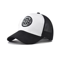 Detail view of the breathable black mesh back and structured panel of the trucker hat - Adjustable / Black & White