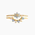 Macro detail of gold floral ring set with blue opal petals and white pearl accents - Daisy Opal 2-Piece Set / Rose Gold