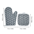 Gray and white herringbone heat resistant oven mitt and pot holder set with dimensions - Grey Arrow + Pad