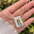 18K gold plated snake chain necklace with religious illustration fabric pendant - Virgin Mary Holding Child