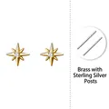 Golden octagram stud earrings with zircon inlay and sterling silver pin components - Eight-pointed Star - 18K Gold Plated - Copper Body with 999 Sterling Silver Earring Post
