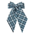 Detailed view of a blue plaid fabric bow hair clip with long elegant ribbons and metal spring - Blue Plaid
