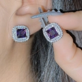 S925 silver stud earrings with purple square moissanite stone and double halo - Purple Diamond Large Square Earrings Tz-40