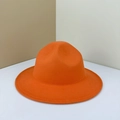 Classic bright orange wool fedora hat with flat brim and tonal stitching finish - 56-58cm (Adjustable) / Orange