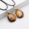 Tiger eye stone teardrop necklace with silver Tree of Life inlay and black cord - Tiger Eye With Black Braided Rope