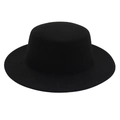 Detailed top view of a classic black wool felt boater hat with a flat top and wide brim - 6.5cm Brim Width / Black Dome