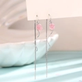 Elegant silver long tassel earrings with pink rose studs and wavy metal pendants - Pink Rose Ear Threader
