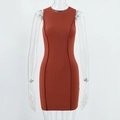 Detail of rib-knit texture and slim fit stitching on sleeveless brick red midi dress - S / Brown