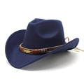 Navy blue wool felt cowboy hat with gold feather metal charm and woven brown band - M (56-58cm) / Navy Blue