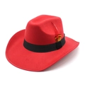 Classic red wide brim fedora hat with black ribbon and feather accent for men and women - M (56-58cm) / Red