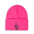 Detail of hot pink ribbed knit beanie featuring black skeleton hand peace sign embroidery - M (56-58cm) / Rose Red