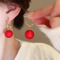 Detail of gold hoop earrings with red matte ball pendants for Lunar New Year style - 28# Gold - Red Ball Dangle (Earring Buckle)