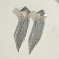 Minimalist silver long tassel earrings with brushed square studs in a modern metal style - Platinum Plated Square Tassel / Silver