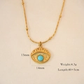 Detail showing 14K gold evil eye necklace with turquoise stone and dimension labels - Amazonite