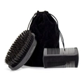 Men's beard care set featuring black bristle brush, double-sided comb and velvet pouch - Black 2-Piece Set with Pouch