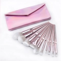 Detailed set of 12 makeup brushes with rose gold handles and a holographic pink pouch - 10Pcs Rose Gold Style with Holographic Pink Bag