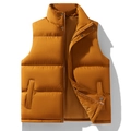 Men's autumn winter quilted vest with stand collar and zipper pockets in shiny brown - M / Caramel