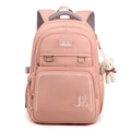 Pink waterproof nylon backpack with multiple compartments and cute bear keychain charm - Pink