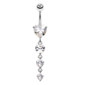 Silver belly button ring with cascading heart-shaped cubic zirconia dangles - Style 24
