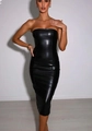Sleek black faux leather strapless bodycon midi dress for women featuring a slim fit - S / Black