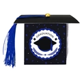 Detail of graduation cap gift box with blue tassel and gold button on a white background - Blue Tassel Style / Blue