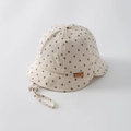 Dettaglio cappello sole neonato a pois grigi, in cotone e lino con cordino regolabile - 48cm (6 Mesi-2 Anni) / Pois