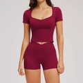 Women's burgundy yoga set with V-cross waist shorts and square neck crop top - S / Cherry Red