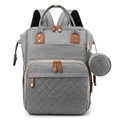 Mochila pañalera gris multifuncional con diseño acolchado y estuche redondo a juego - gris oscuro