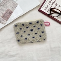 Cream plush heart pattern pouch with pink wrist strap and zipper closure - Lamb Wool Heart Rice Blue