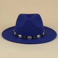 Detail of royal blue fedora with black leather band featuring vintage silver buckles - M(56-58cm) / Blue