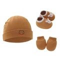 Three-piece baby gift set featuring cotton hat, mittens and booties in caramel brown color - Camel Bear - 3-Piece Set
