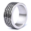 Macro detail of textured bark pattern on silver unisex wide stainless steel ring band - Linear Bark Texture Style (14405)