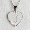 Silver heart necklace with mother of pearl shell inlay and initial letter J - Letter J / Silver