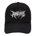 Black cotton baseball cap featuring white Ruthlessness Gothic print on the front - One Size / Black (Artistic Print)