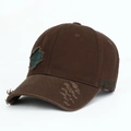 Distressed dark brown maple leaf baseball cap with torn details and green embroidery - Adjustable / Coffee