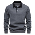 Detail eines dunkelgrauen Polo-Sweatshirts mit schwarzem Kontrastkragen und Knopfleiste - S / Dunkelgrau