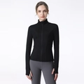 Schwarze Damen Slim Fit Yoga Jacke mit Reißverschluss, Stehkragen und Daumenlochbündchen - S / Schwarz