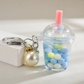 Quicksand bubble tea keychain with blue and yellow glitters and pearl charm - Lobster Clasp Chain + Mini Milk Tea Cup + Pearl / Blue
