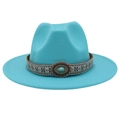 Détail d'un chapeau en feutre turquoise avec ruban ethnique et boucle vintage turquoise - M (56-58cm) / Bleu lac