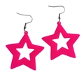 Fluorescent pink acrylic star-shaped dangle earrings with metallic hooks on white background - Star Pattern Rose Red