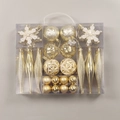 Set di ornamenti natalizi color champagne con fiocchi di neve e palline in scatola trasparente - Oro