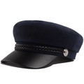 Berretto baker boy blu navy con visiera in ecopelle nera e bottone argento vintage - Regolabile / Blu navy
