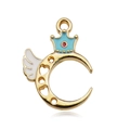 Golden moon charm with blue crown and white wings enamel details for jewelry making - Crown Wing Moon