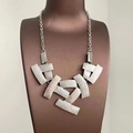 Brushed silver geometric stacked rectangle pendant necklace for women on neck model - Silver