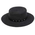 Black straw boater hat featuring a stylish silver star studded leather band - Five-pointed Star Studded Band Style (301M)