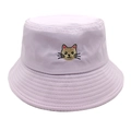 Close-up of cat embroidery detail on light purple cotton bucket hat with twill texture - M (56-58cm) / Purple