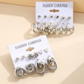 Fashion silver color earring set with geometric hoops and faux pearl C-shape studs - Silver Hoop Pearl Geometric Style (5569002HB)