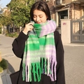 Winter mohair scarf in green and purple plaid pattern with thick tassels for warmth - Purple Plaid