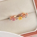 Macro detail of colorful enamel flowers and zircons on rose gold open ring - Seven-Color Flower (Rose Gold)